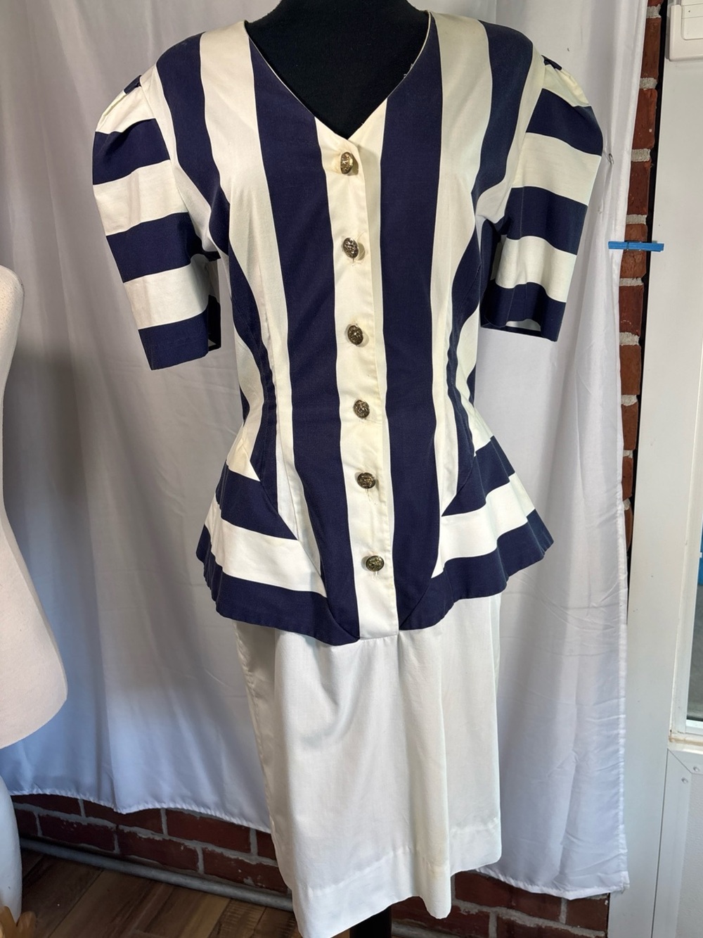 Classic Navy and White Striped Peplum Dress medium